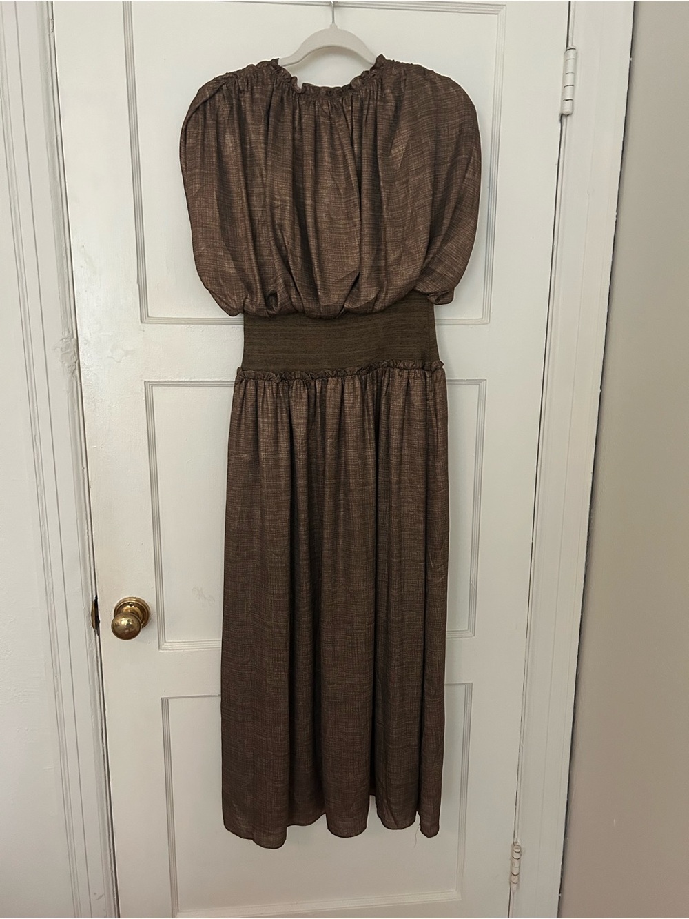 Current Air Brown Puff-Sleeve Maxi Dress with Smocked Waistband